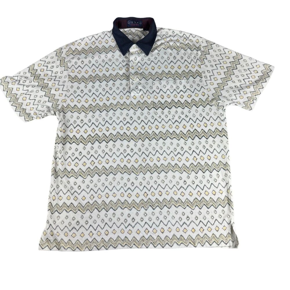 ENRO Polo Shirt Men's Large Short Sleeve Golf Retro Cotton Mist Geometric Print